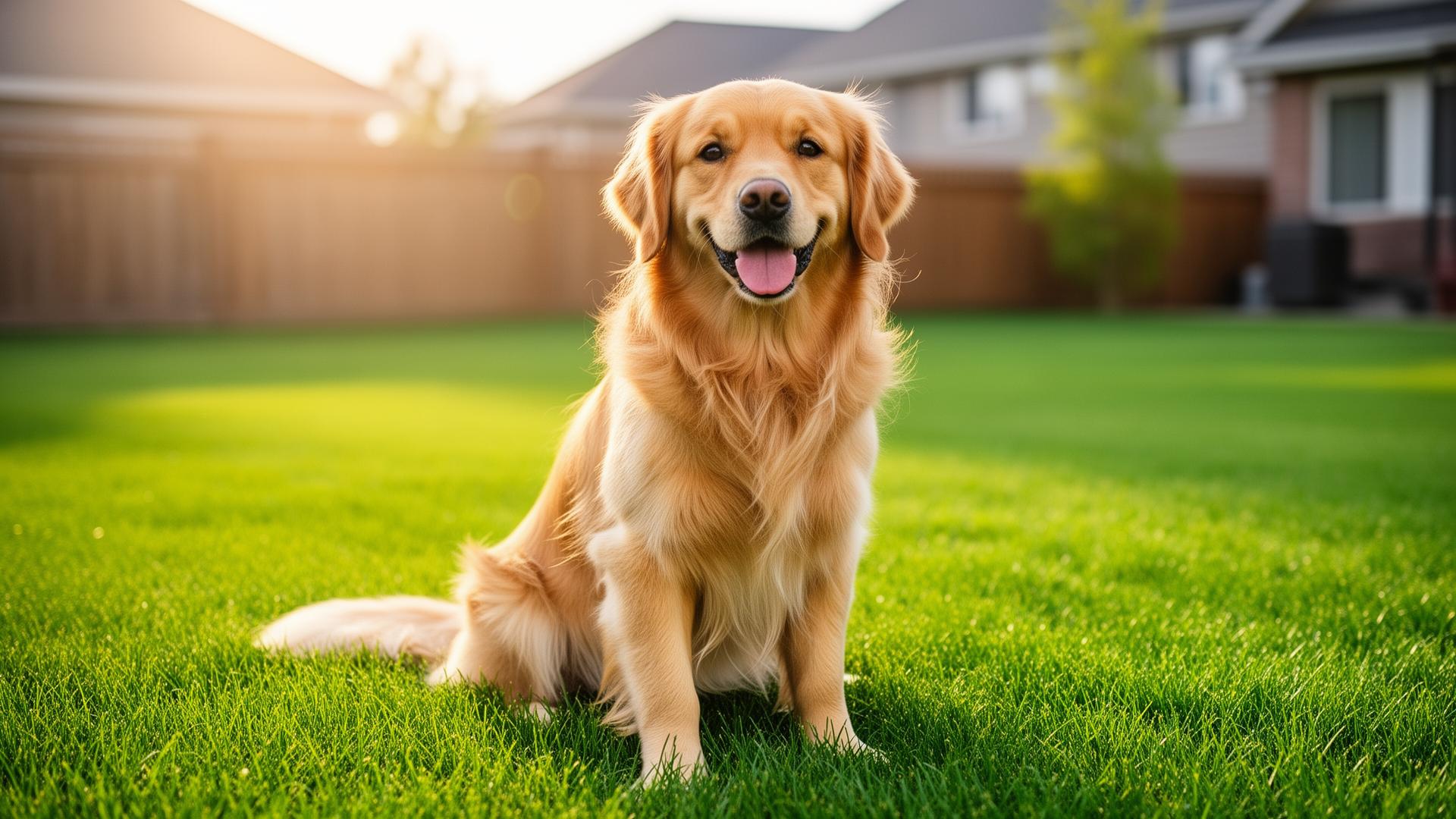 Happy golden retriever sitting on bright green grass